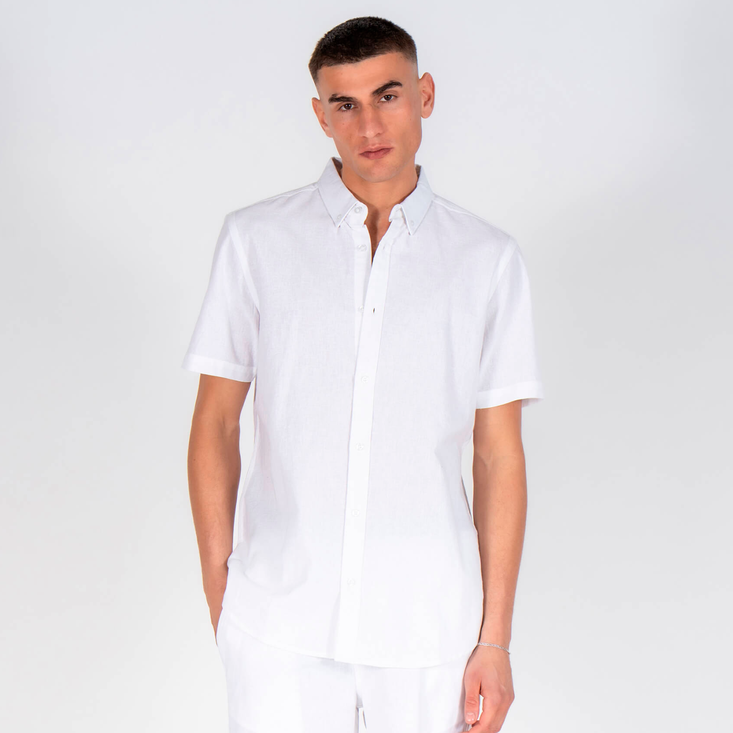 Marcus Sander Herre Kortærmet skjorte i hørmix - Bright White - 2XL