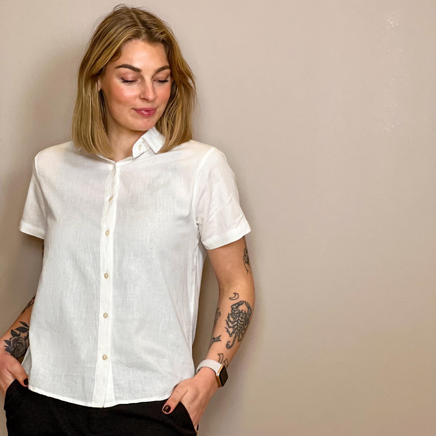 Steenholt Linett Dame Kortærmet skjorte i hørmix - Bright White - XL