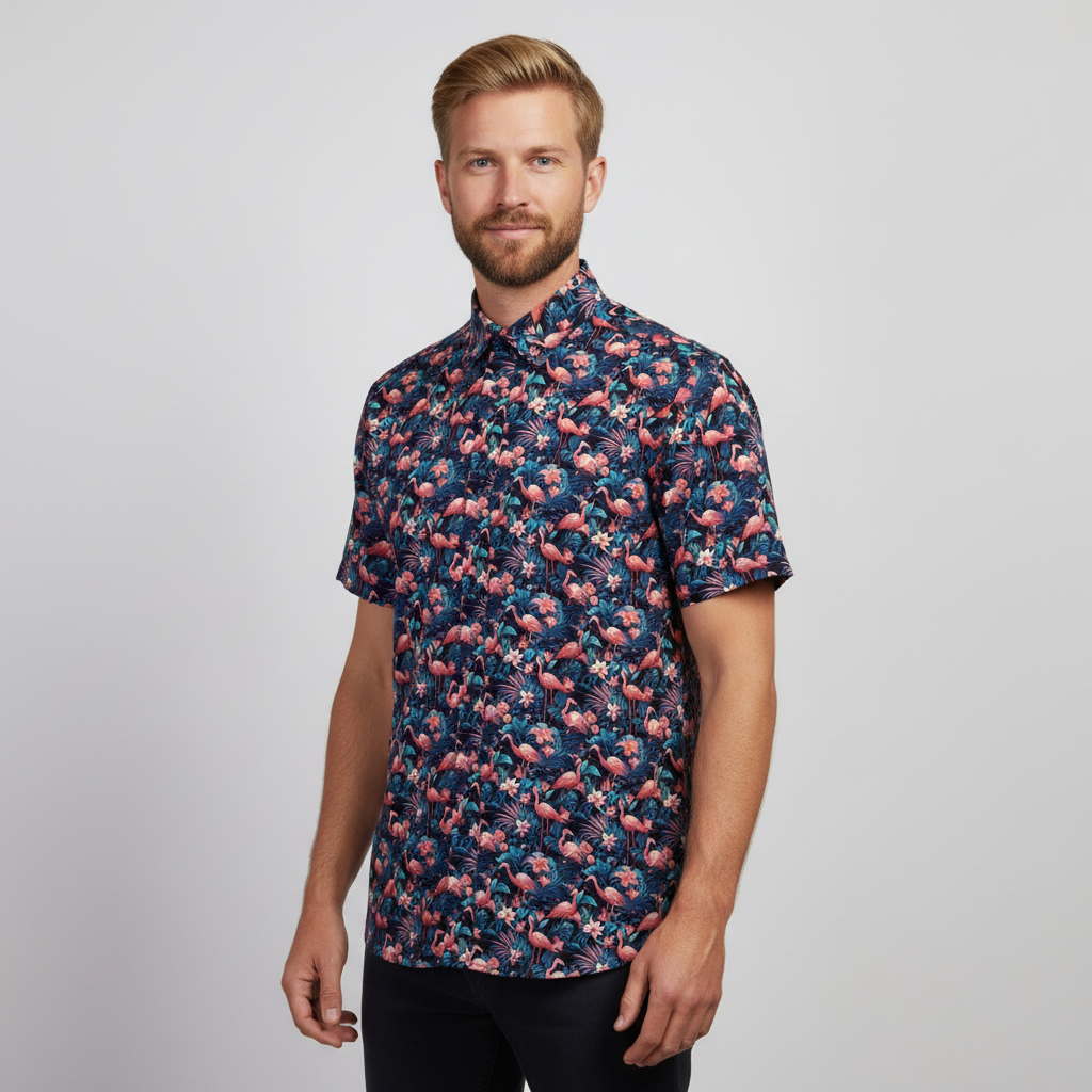 Carnét Hector Herre Skjorte - NAVY BLAZER AOP FLAMINGO - XL