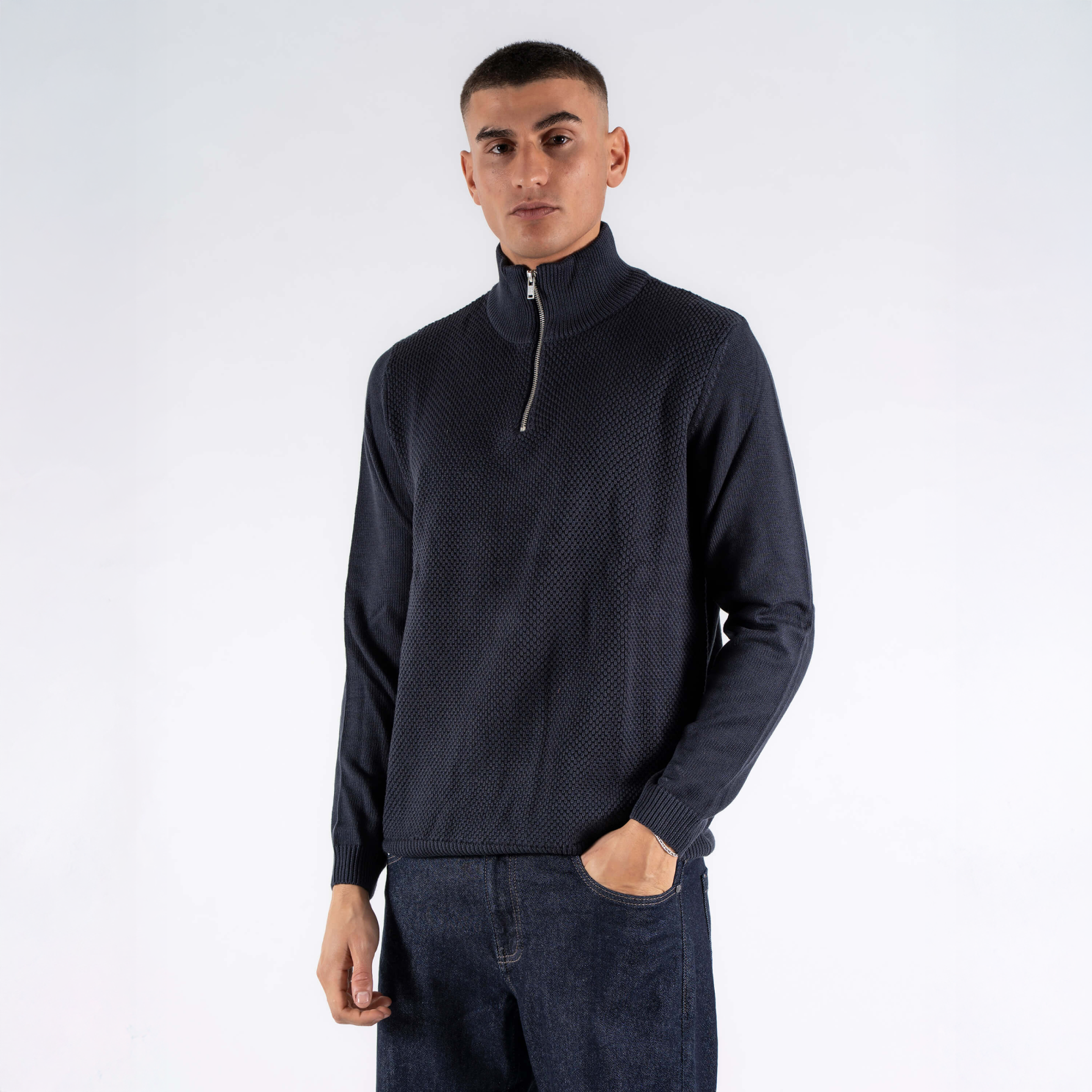 Marcus Hubble Half Zip Herre Striktrøje - Night Navy - 2XL